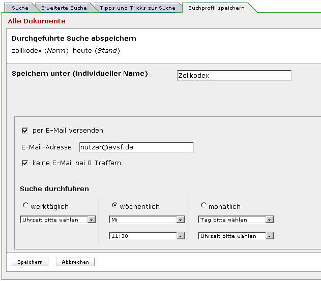 Abbildung: Suchprofil speichern