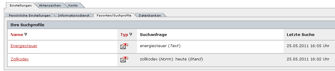 Abbildung: gespeicherte Favoriten/Suchprofile